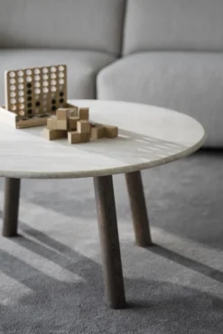 Taransay soffbord Ø90 beige travertin/brun ek